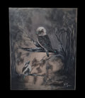 A square canvas painting of two kookaburras perched on branches in a dark, moody forest scene, displayed on a light gray wall.