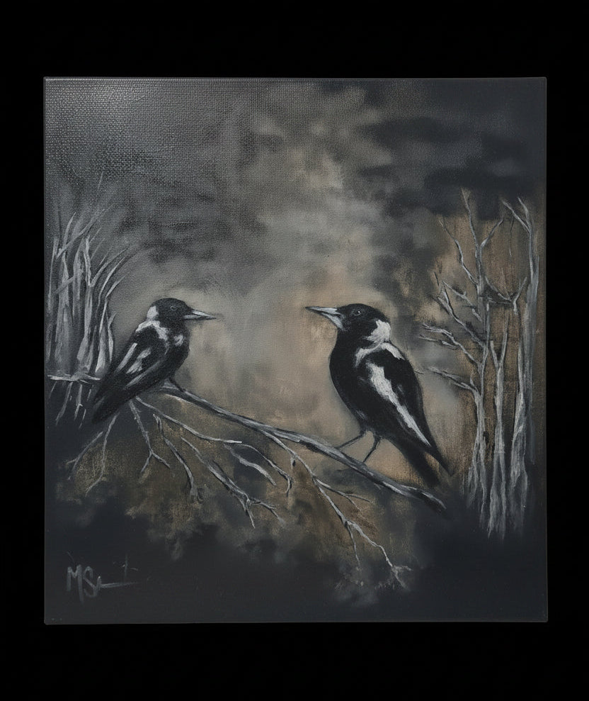 A dark charcoal and black-and-white painting of two birds perched on branches in a moody forest scene, shown against a dark gray background.