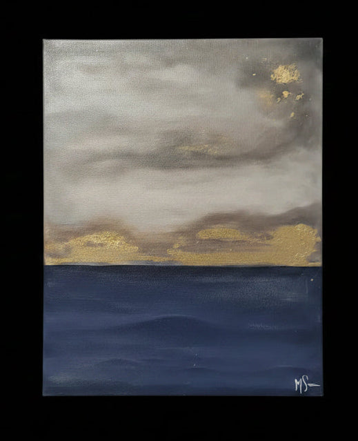 An abstract landscape painting of a calm blue sea under a cloudy gray and gold sky, presented on a dark gray background.
