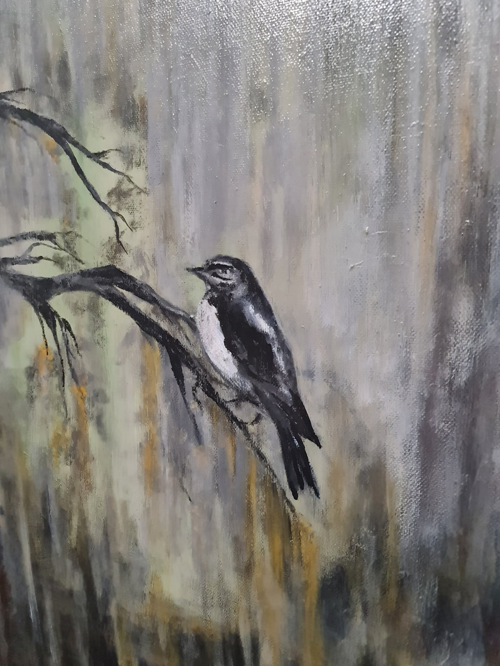 A painting of a small black and white bird perched on a dark branch, set against a textured, abstract background of gray, beige, and brown tones.