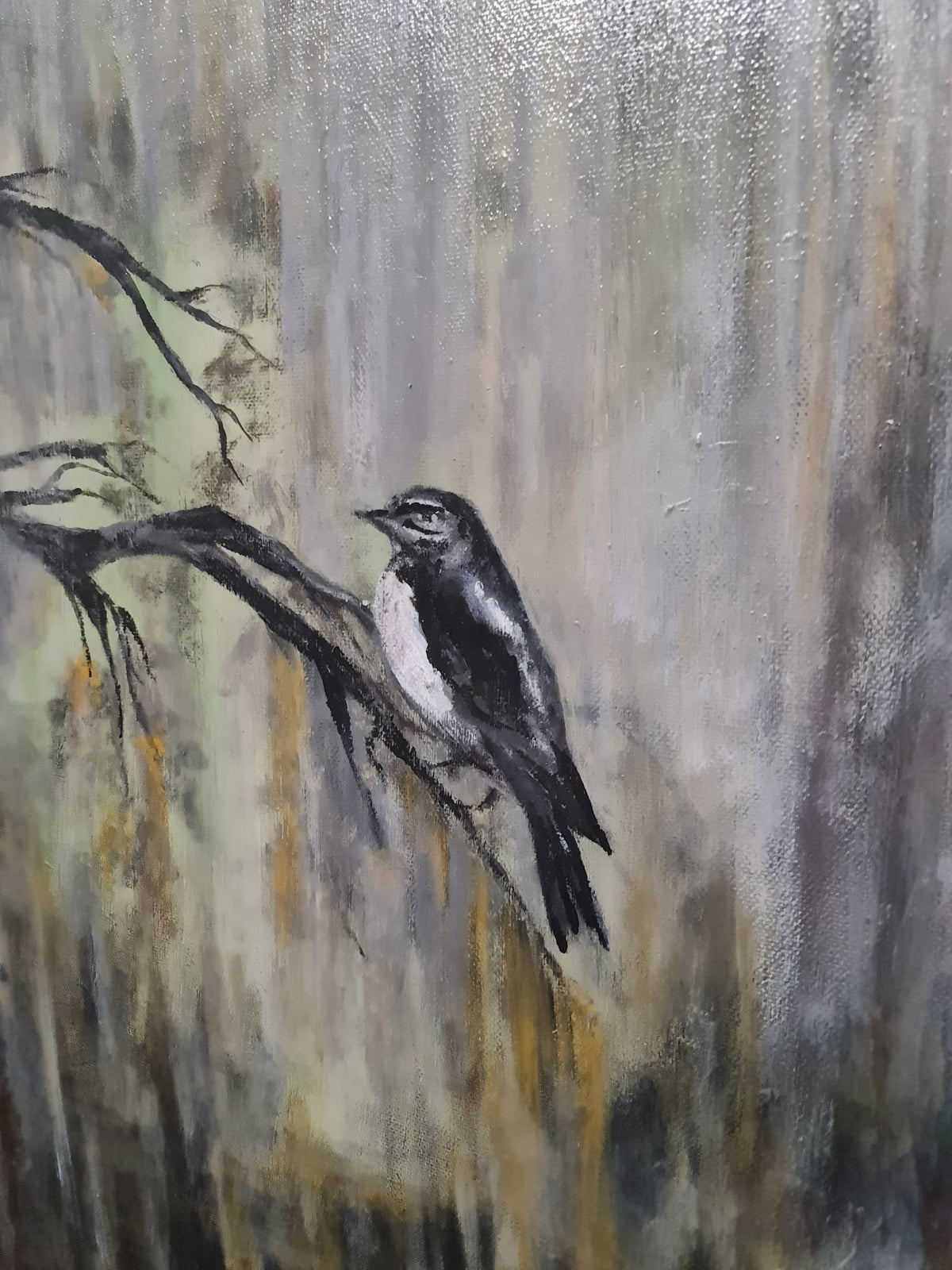A painting of a small black and white bird perched on a dark branch, set against a textured, abstract background of gray, beige, and brown tones.