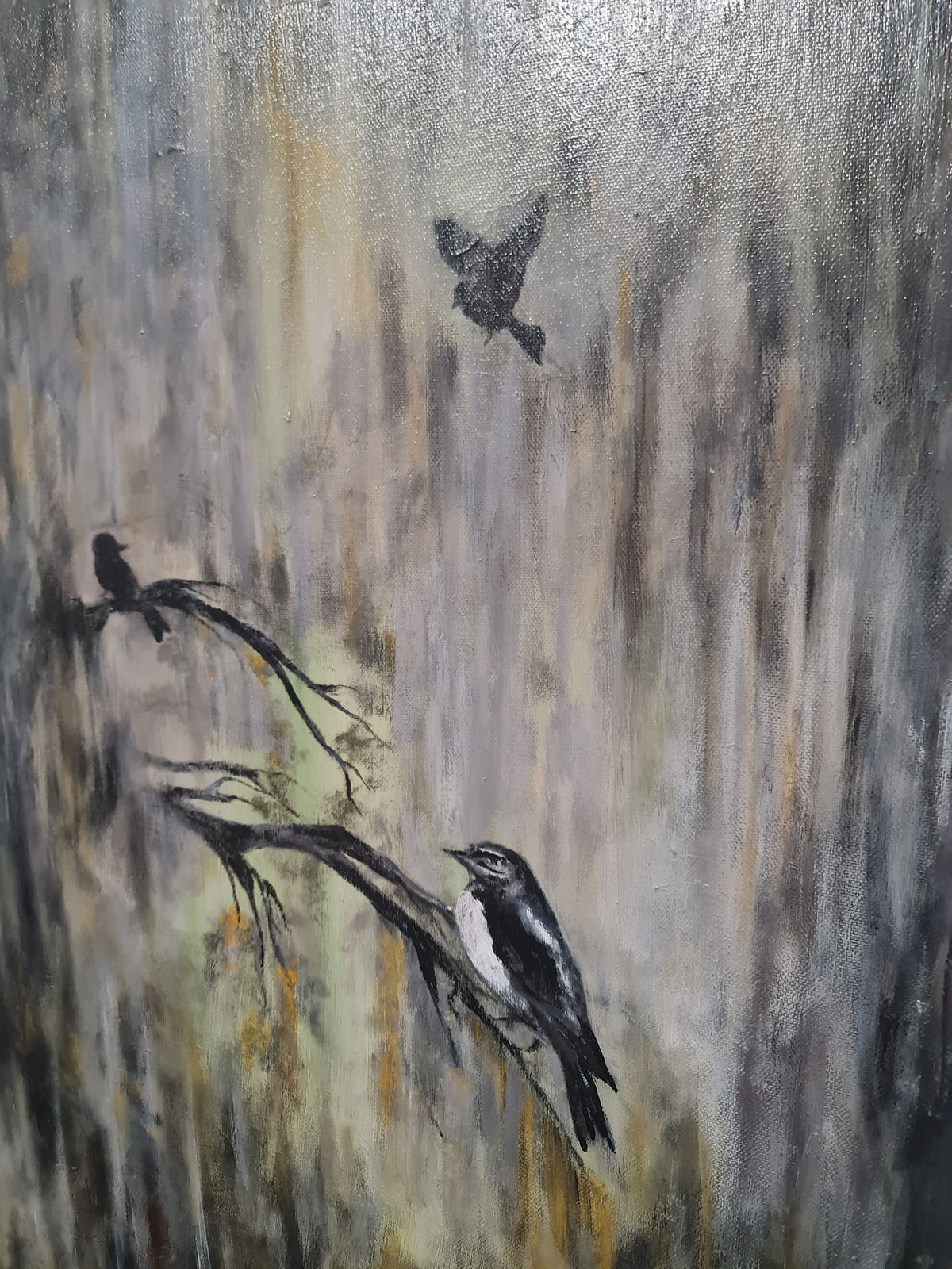 An abstract landscape painting depicting birds perched on branches against a textured, vertical brushstroke background in shades of gray, beige, and brown.