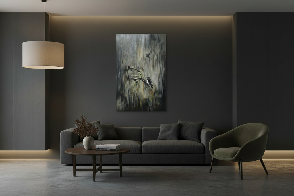 A modern living room featuring a vertical abstract canvas print with bird illustrations. The print is displayed on a dark charcoal wall above a gray sofa, with dimension lines indicating its height is 76cm and width is 50cm.