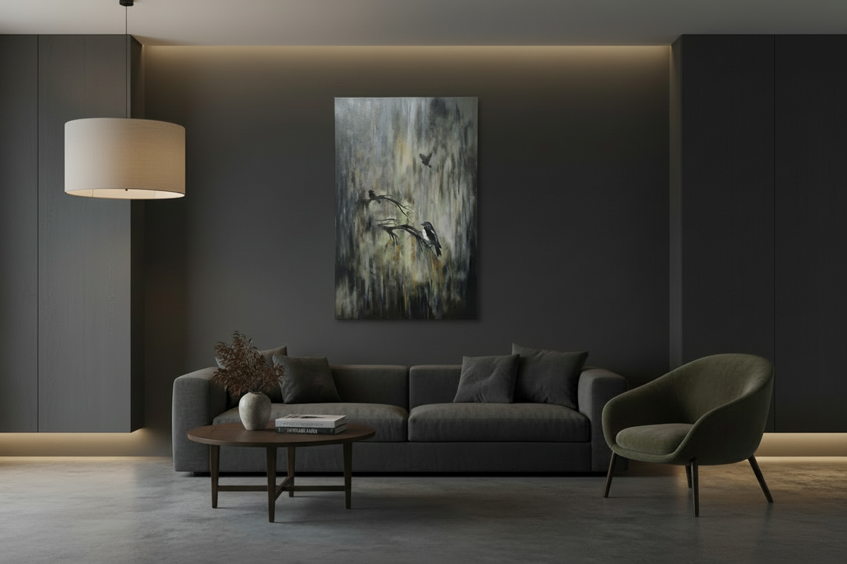 A modern living room featuring a vertical abstract canvas print with bird illustrations. The print is displayed on a dark charcoal wall above a gray sofa, with dimension lines indicating its height is 76cm and width is 50cm.