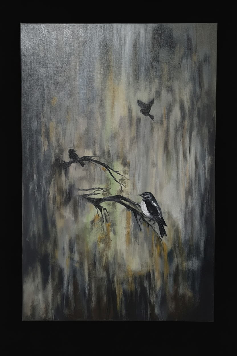 An abstract landscape painting featuring three black birds perched on branches against a textured gray, black, and gold background, presented on a black canvas.