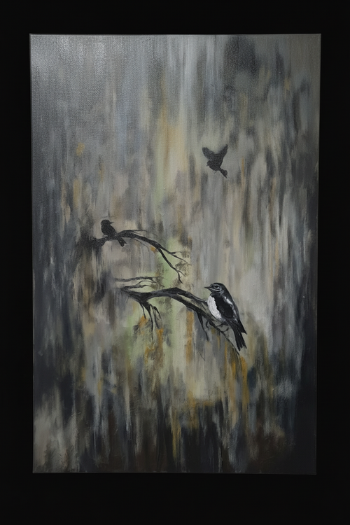 An abstract landscape painting featuring three black birds perched on branches against a textured gray, black, and gold background, presented on a black canvas.