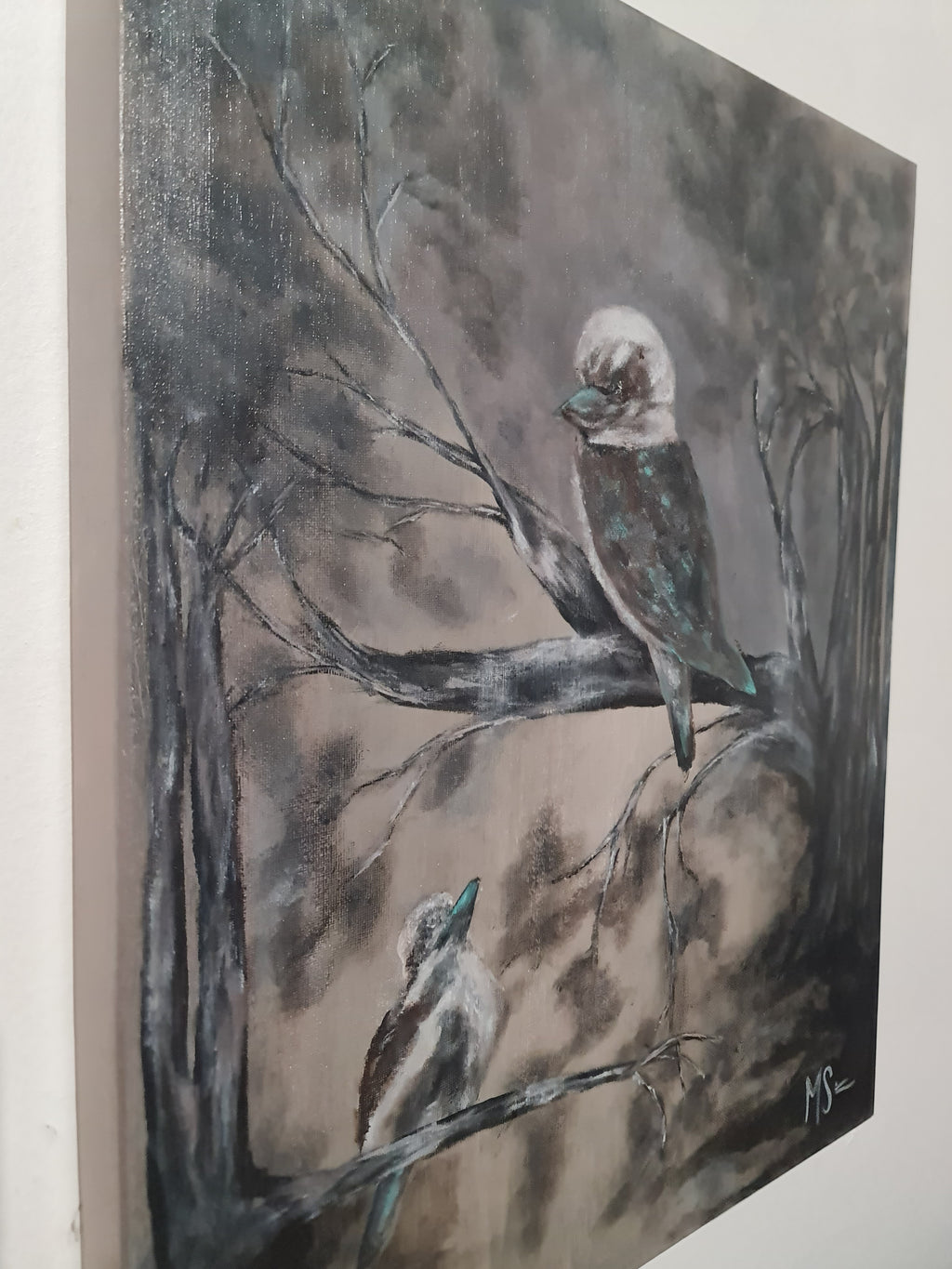 original canvas painting of 2 kookaburras between braches