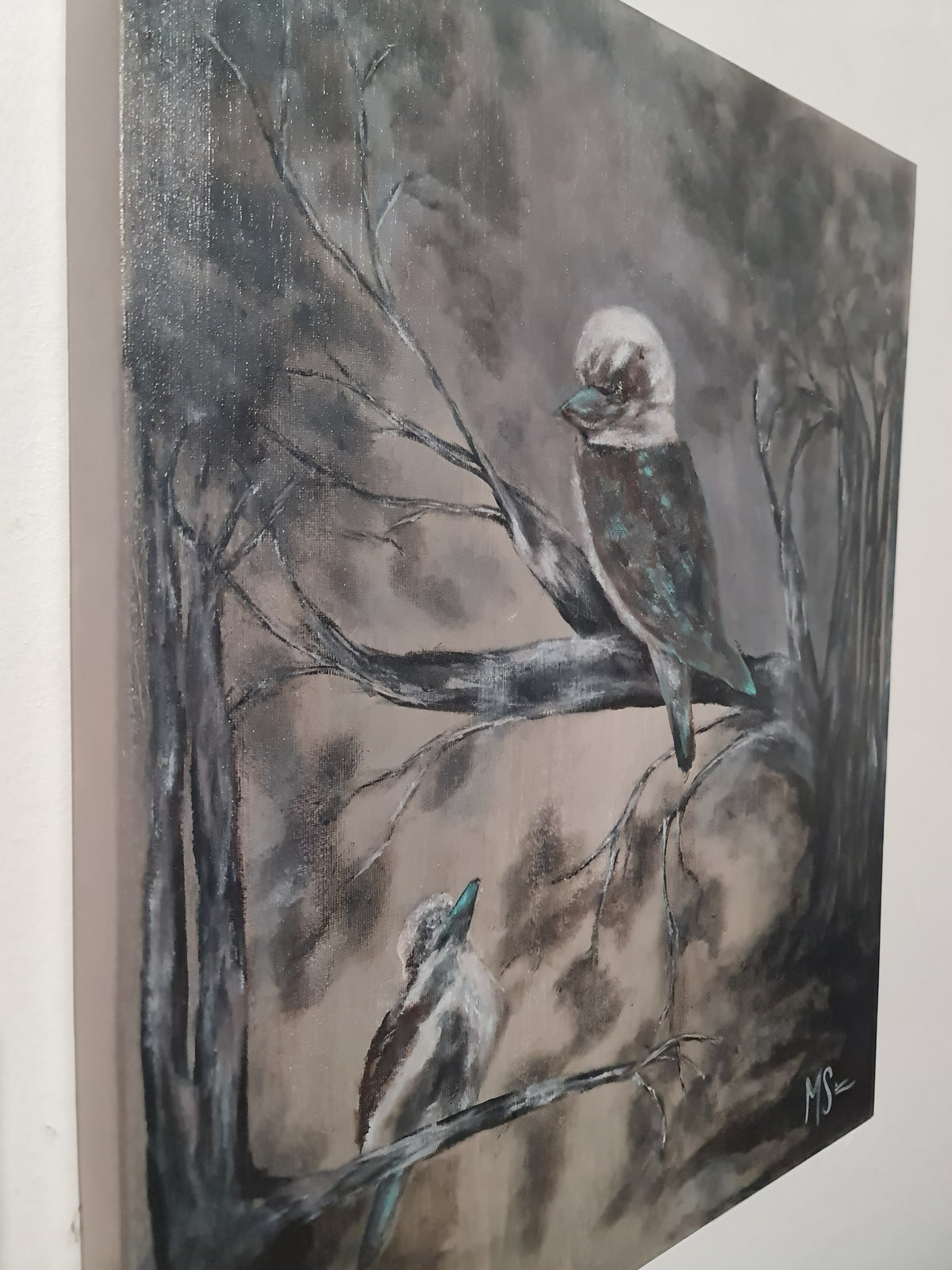 original canvas painting of 2 kookaburras between braches