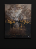 An textured painting of a dramatic stormy sky over dark water with golden light reflections, displayed on a solid black wall.