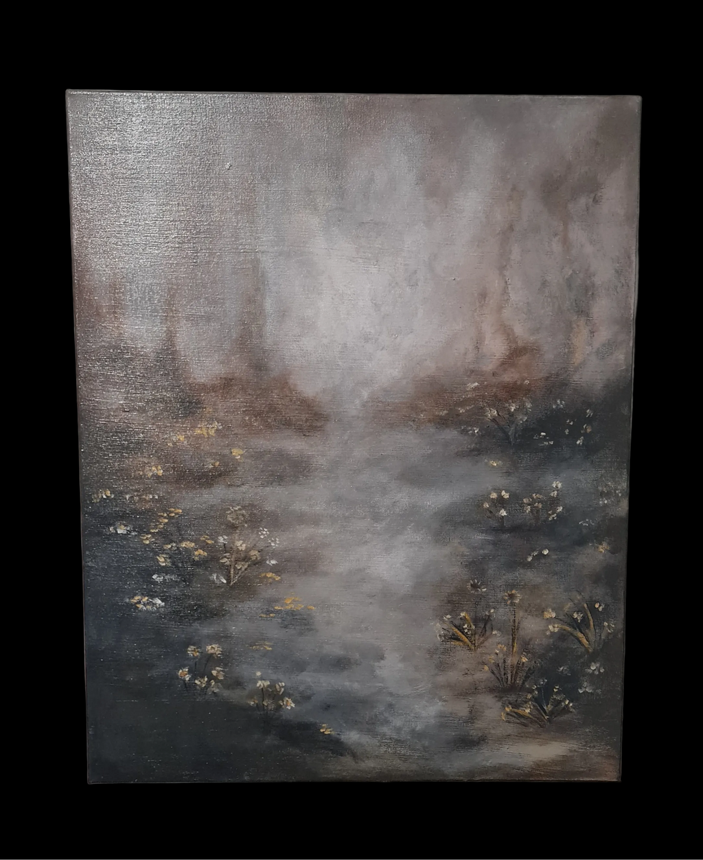 An impressionistic landscape painting on canvas featuring a misty, atmospheric scene with dark gray and brown tones, subtle floral details, and a textured finish, presented against a solid black background.