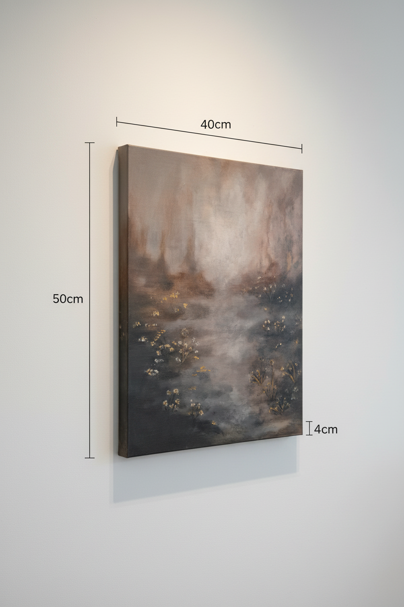A vertical canvas wall art print showing an abstract misty landscape in muted brown, gray, and cream tones, mounted on a light gray wall. Black dimension lines and text indicate a height of 50cm, width of 40cm, and a thin edge thickness of 4cm.