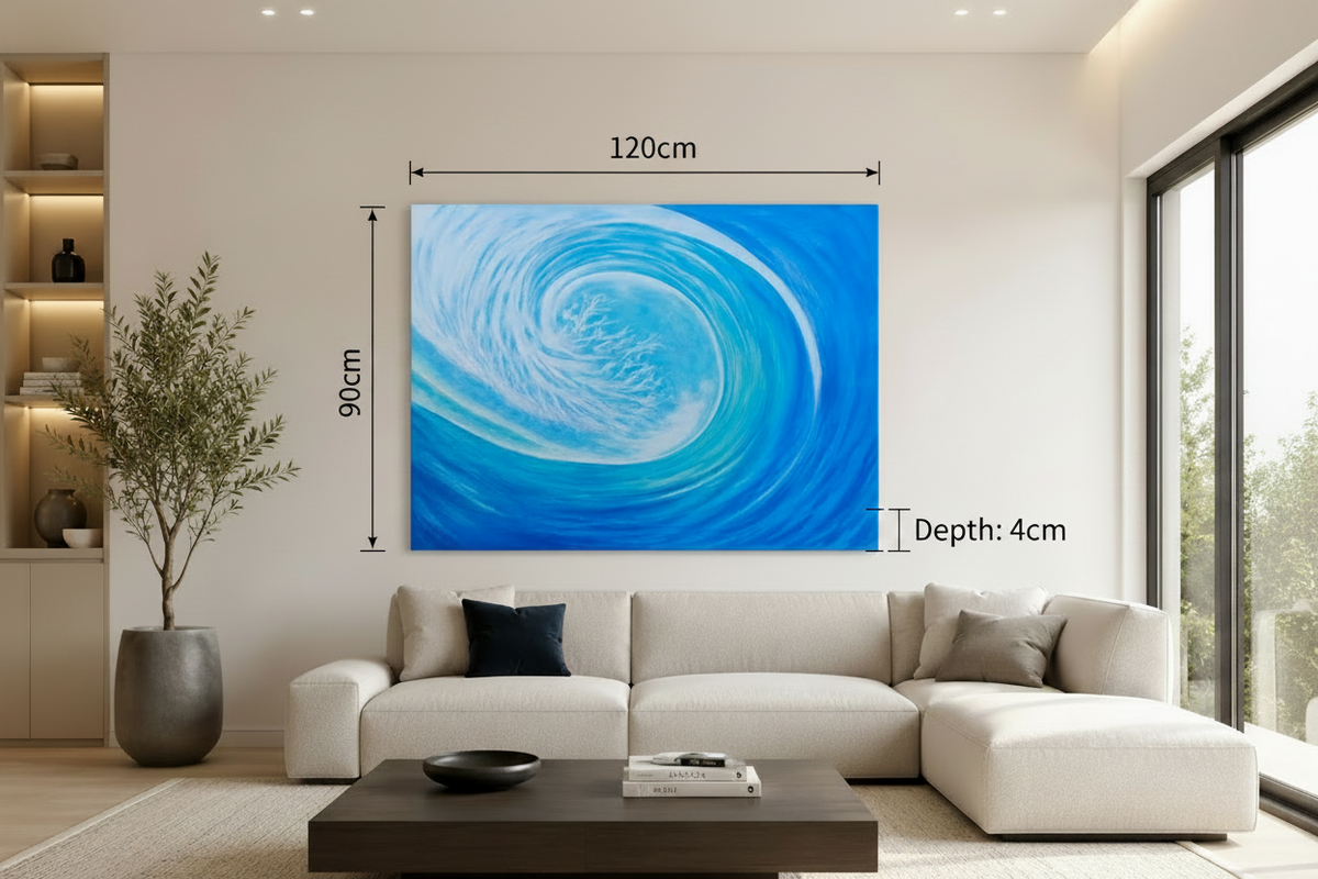 Modern living room with a large blue abstract painting on the wall.