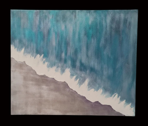 An abstract canvas painting depicting a textured teal and blue ocean wave crashing onto a muted beige and purple shore, shown against a plain background.