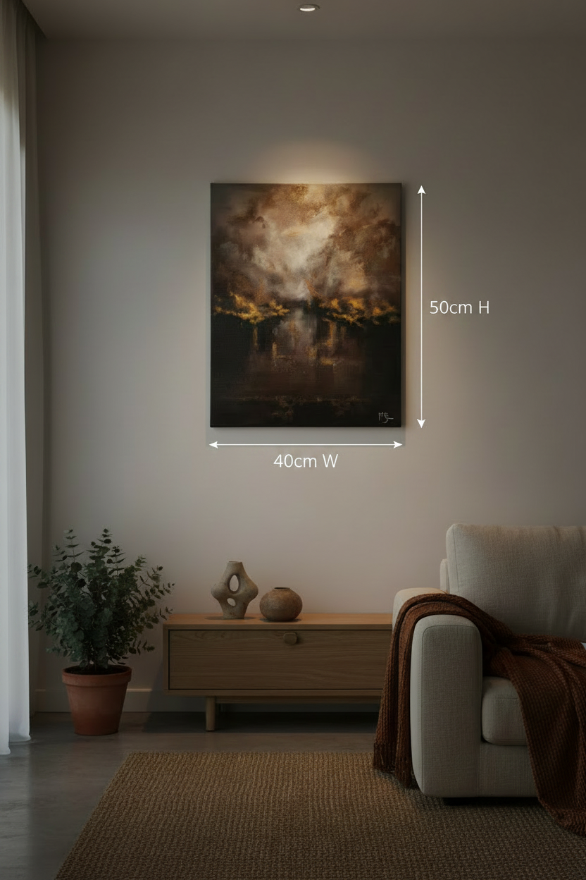 A original canvas painting showing a moody abstract landscape in dark brown, gold, and black tones, displayed in a modern living room setting. White dimension lines and text indicate a height of 50cm and a width of 40cm.